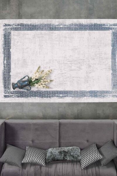 Black&Brown 11298 Doğal İplik Dikdörtgen Makine Halısı 80x300 - Mavi